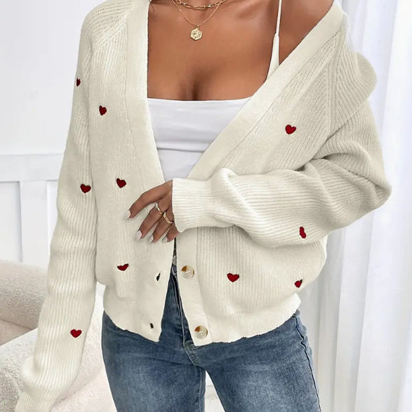 Heart Embroidery V-Neck Cardigan for Cozy Elegance