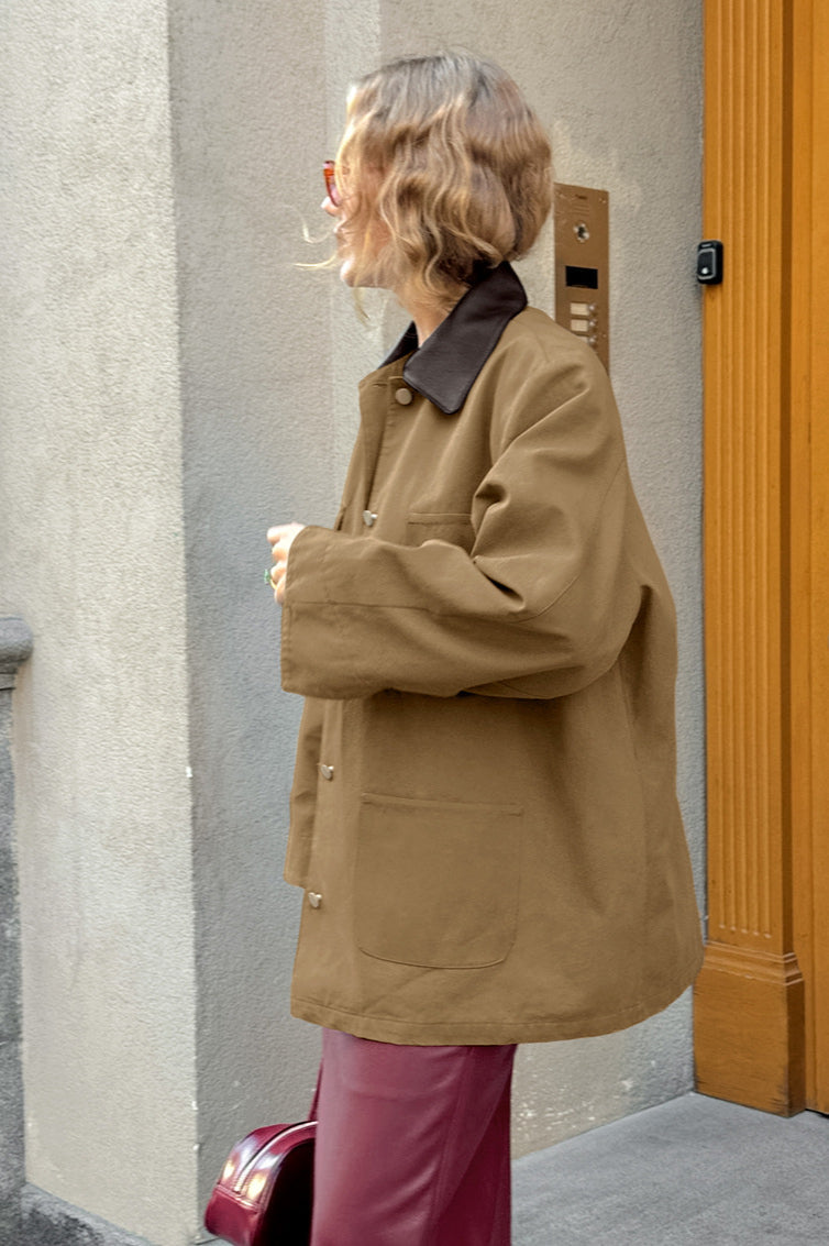 Elegant Brown PU Spliced Coat for Stylish Comfort and Durability
