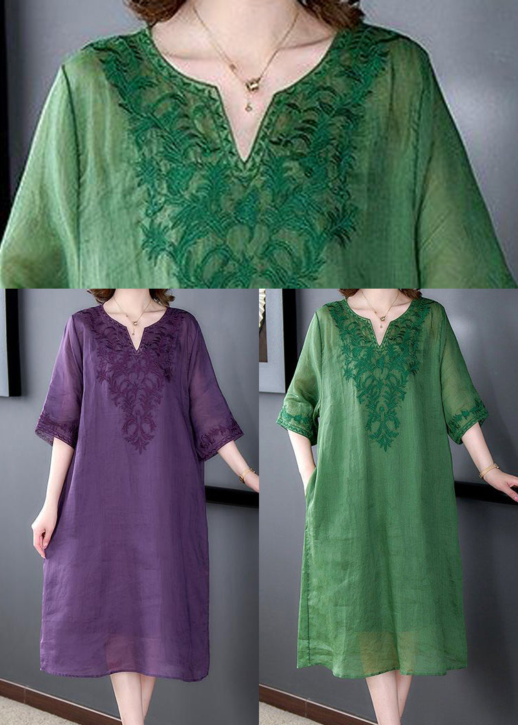 V-Neck Floral Embroidery Three Quarter Sleeve Shift Midi Dress - View 5