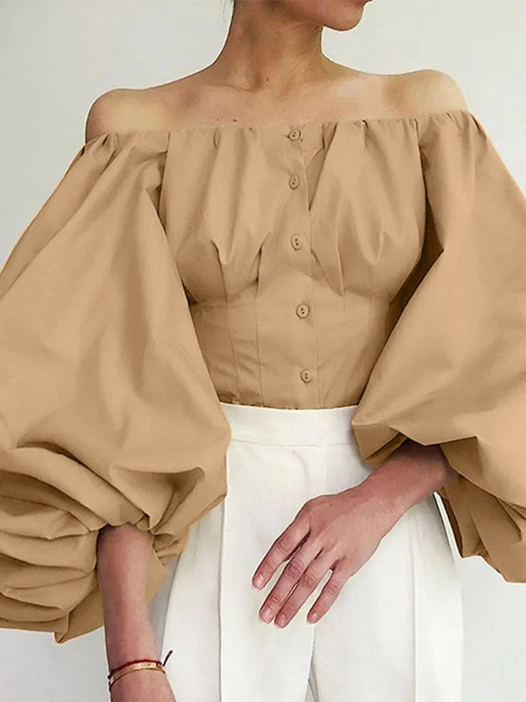 Solid Off-Shoulder Lantern Sleeve Fashion Blouse