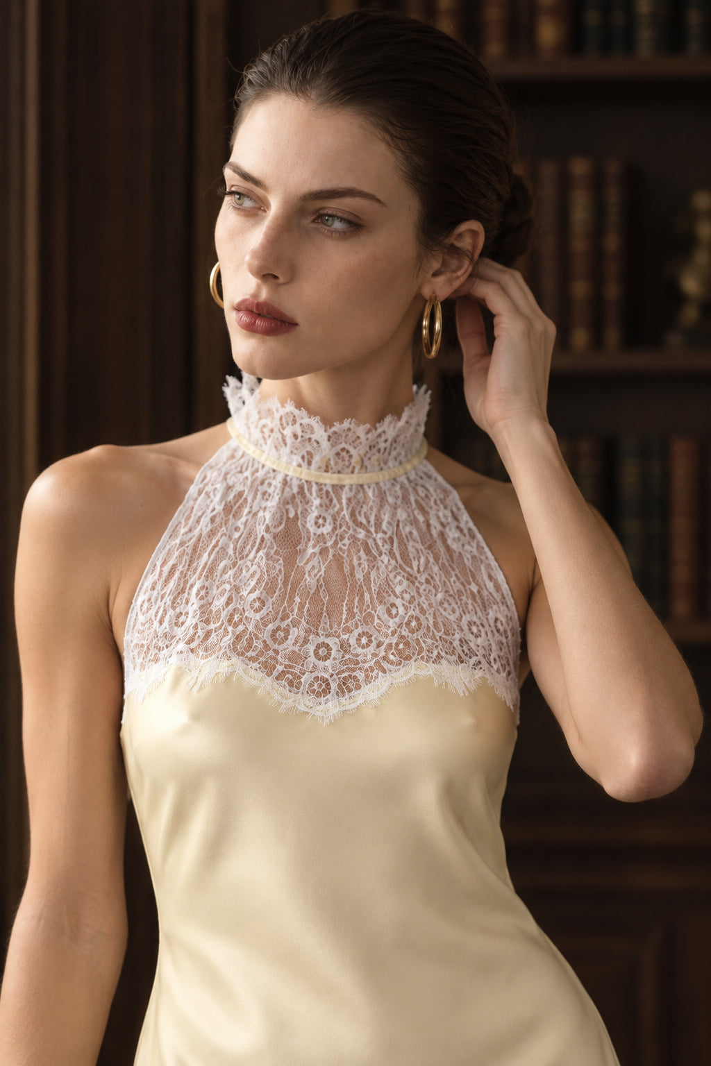 Satin Lace Halter High Neck Sheer Lace-Hem Gown