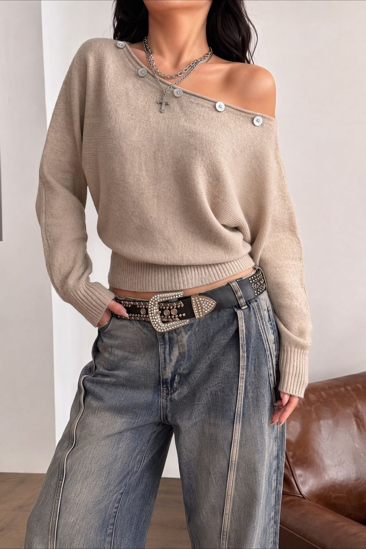 Off Shoulder Button Batwing Knit Top