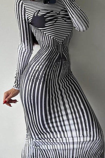 Striped High Neck Long Sleeve Bodycon Maxi Dress
