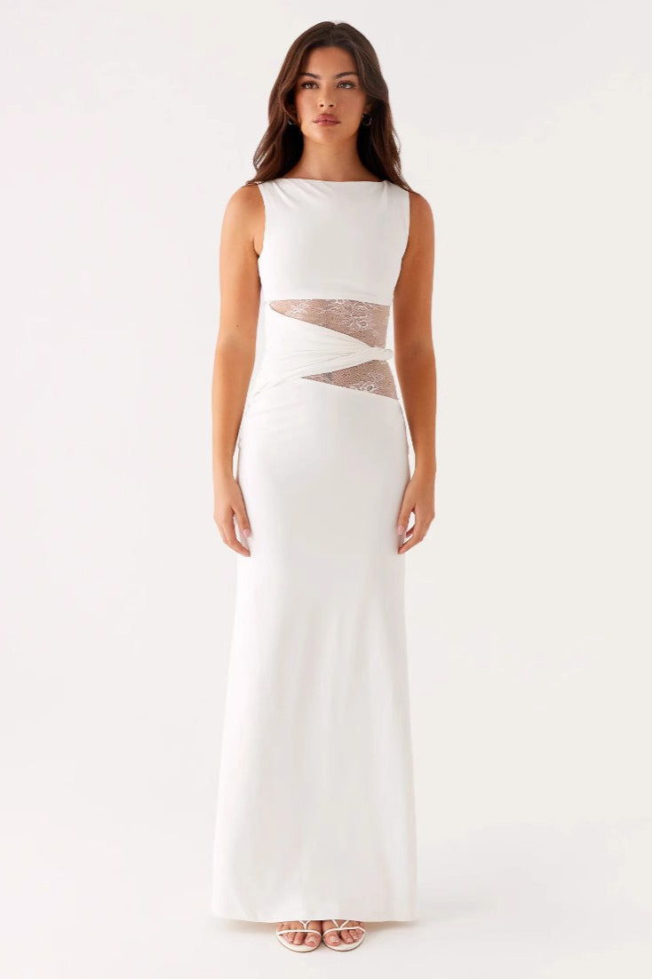 Boat Neck Sleeveless Lace Cutout Bodycon Maxi Dress
