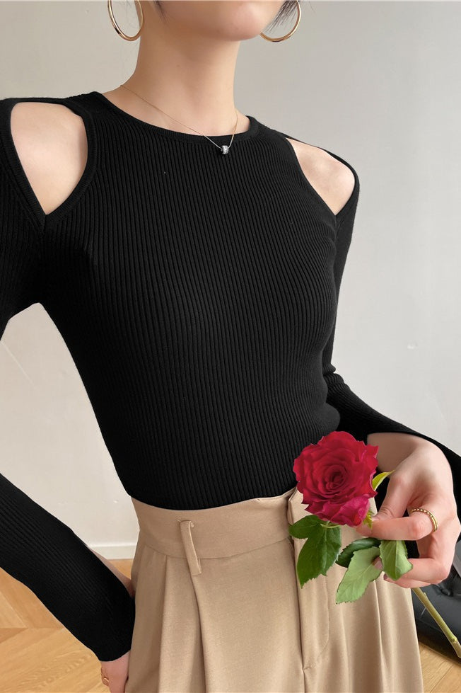 Retro Crew Neck Off-Shoulder Split-Cuff Slim Knit Top 7