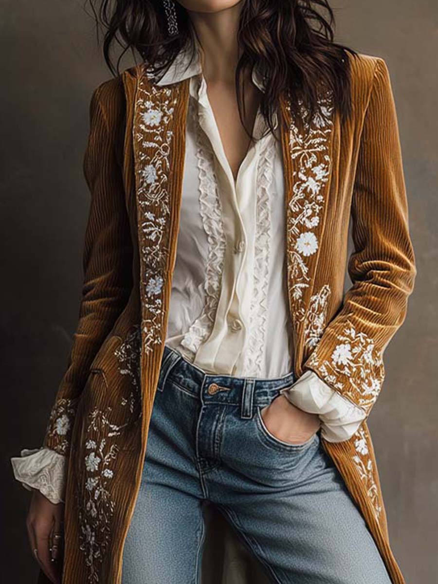 Golden Caramel Embroidered Corduroy Long Coat - Fashionpara