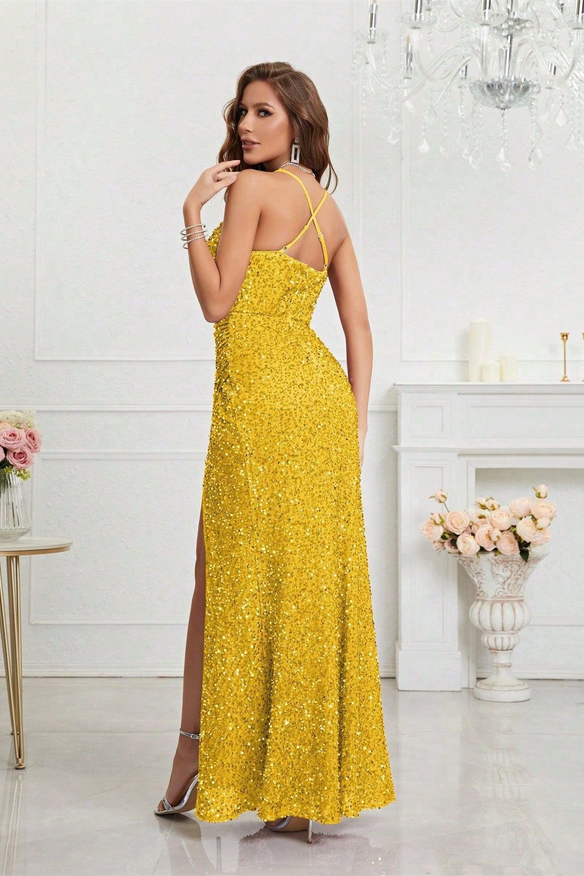 Sequin Spaghetti Strap High-Slit Mermaid Gown