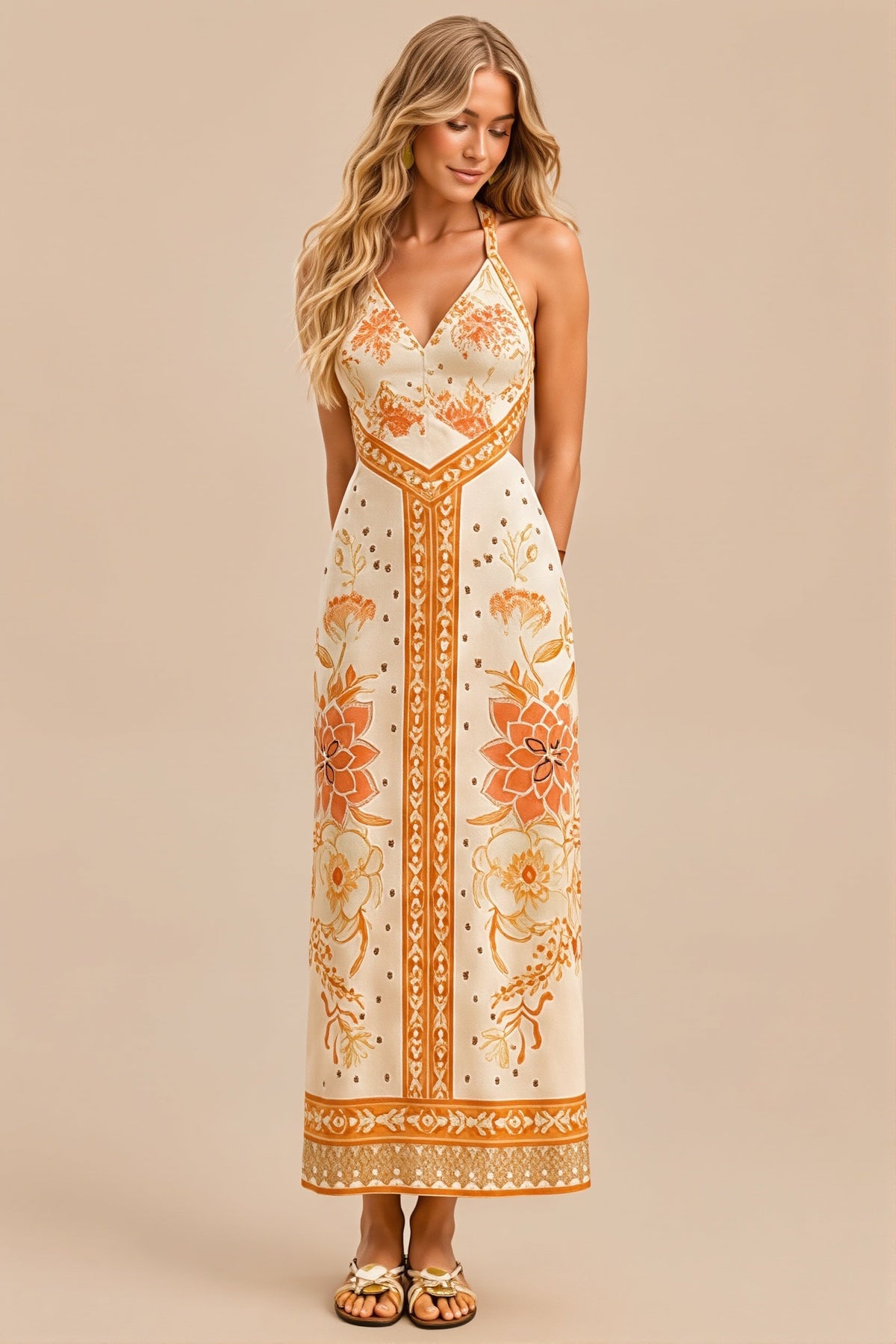 Floral Placement Print Halter Neck Maxi Dress