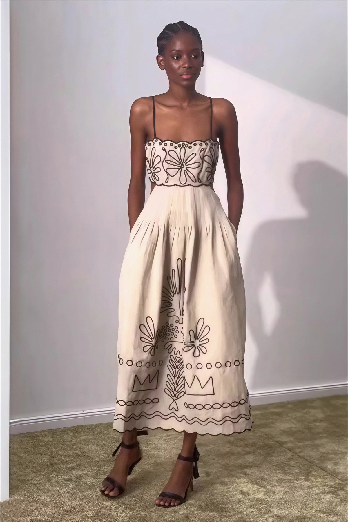 Embroidered Square Neck Fit and Flare Midi Dress