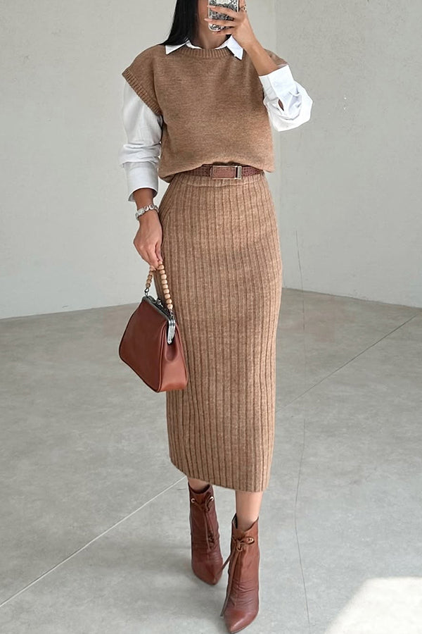 Triko Knit Short Sleeve Sweater with Ribbed Midi Skirt Set