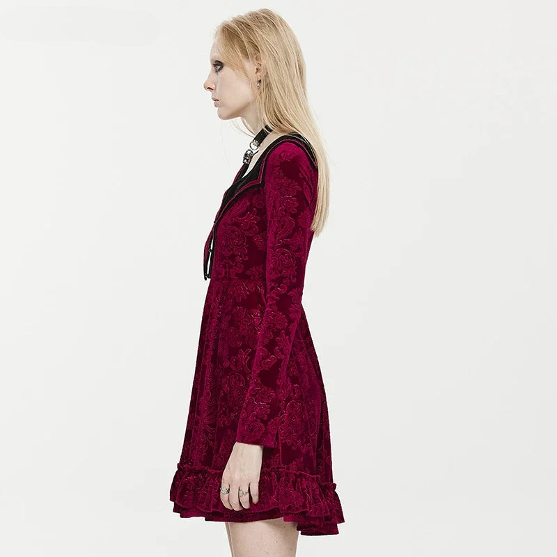 Velvet Embossed Square Neck Long Sleeve Mini Dress