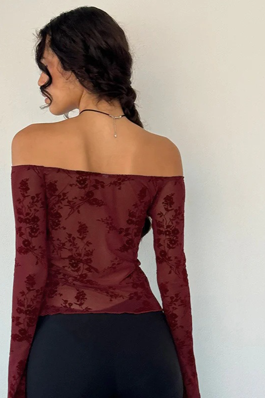 Velvet Mesh Off Shoulder Bow Tie Flare Sleeve Crop Top