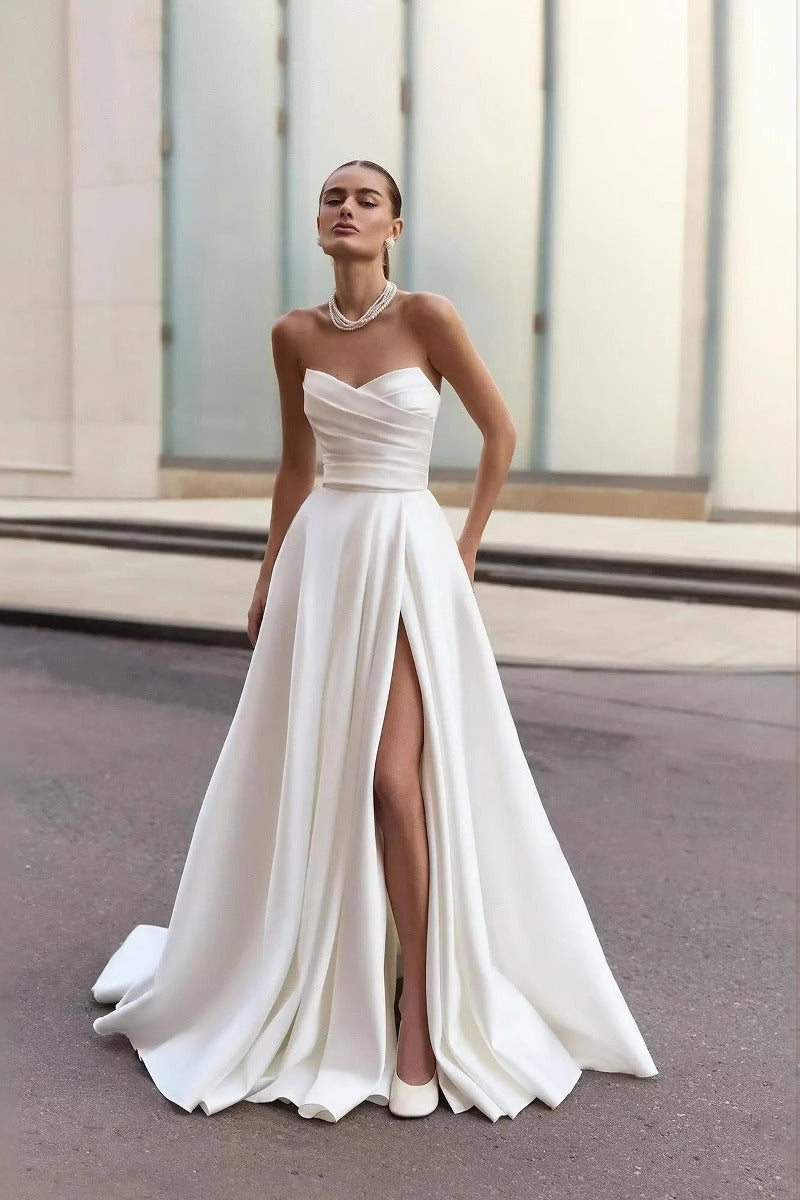Satin Strapless Sweetheart High Split A-Line Prom Gown