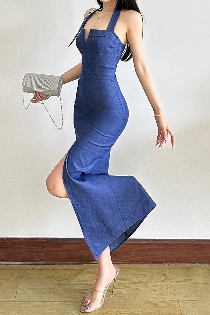 Denim Halter Sweetheart High-Slit Bodycon Maxi Dress 3