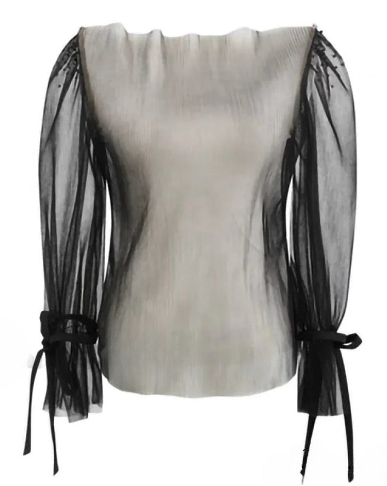 French Warm-Season Blouse Sling Retro Mujer Slimming Arm Blusas Women Mesh Sexy Top Long De Lace Shorts Elegant Set