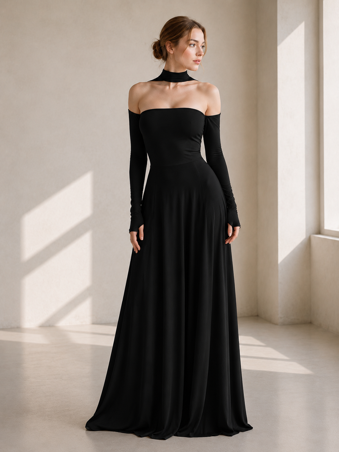 Off-Shoulder Long-Sleeve Choker A-Line Maxi Gown