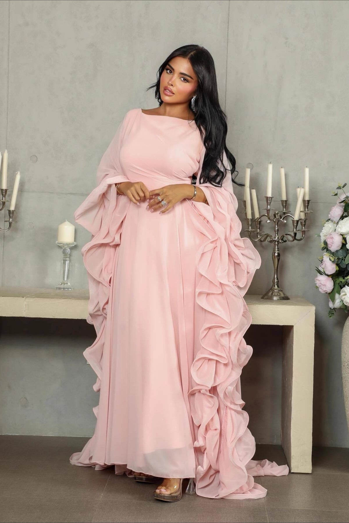 Chiffon Boat Neck Long Sleeve Ruffle Maxi Prom Dress