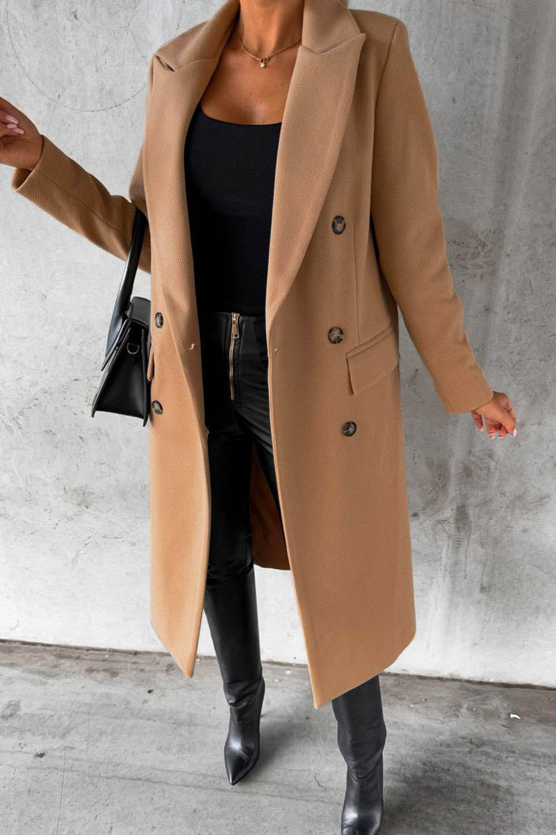 Solid Color Long Sleeve Double Breasted Coat with Pockets - Fashionpara