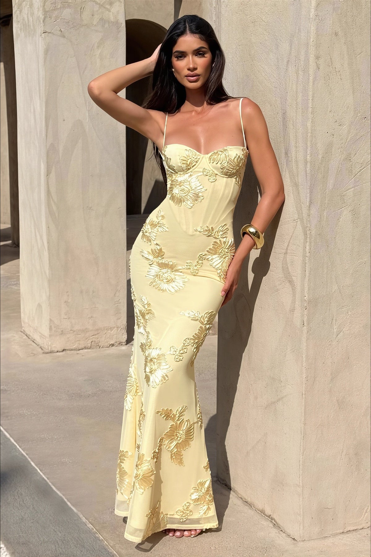 Floral Embroidered Bustier Mermaid Maxi Gown 2