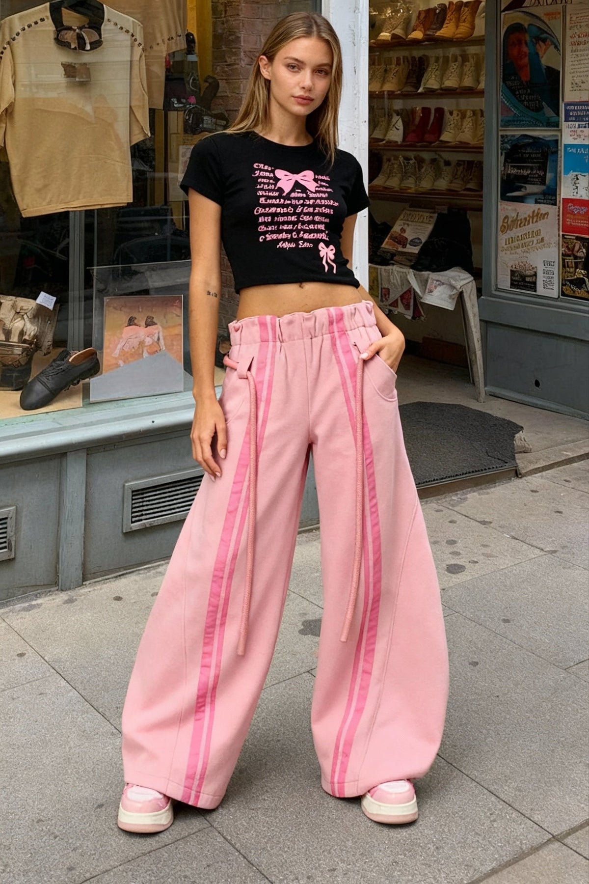 Drawstring High-Waist Wide Pants