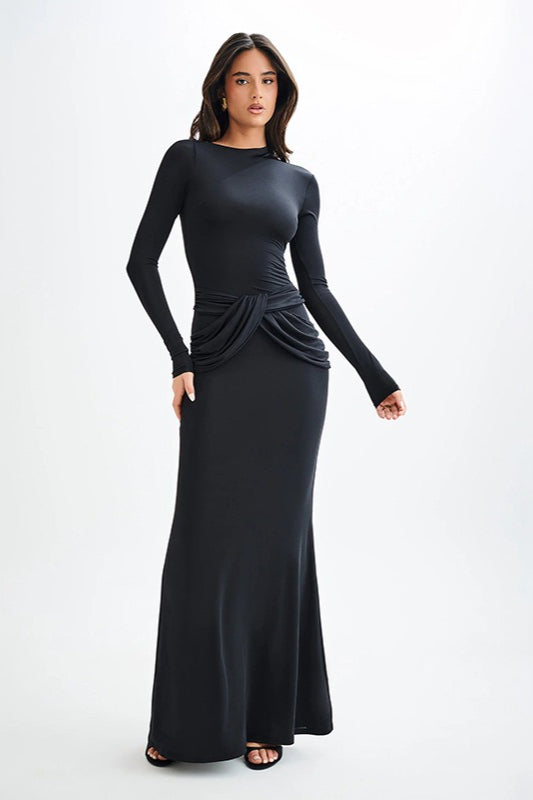 Crew Neck Long Sleeve Ruched-Waist Maxi Dress 7