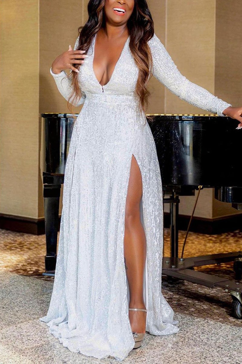 Plus Size V Neck Split Joint Sequin Solid Little White Maxi Dress Fashionpara