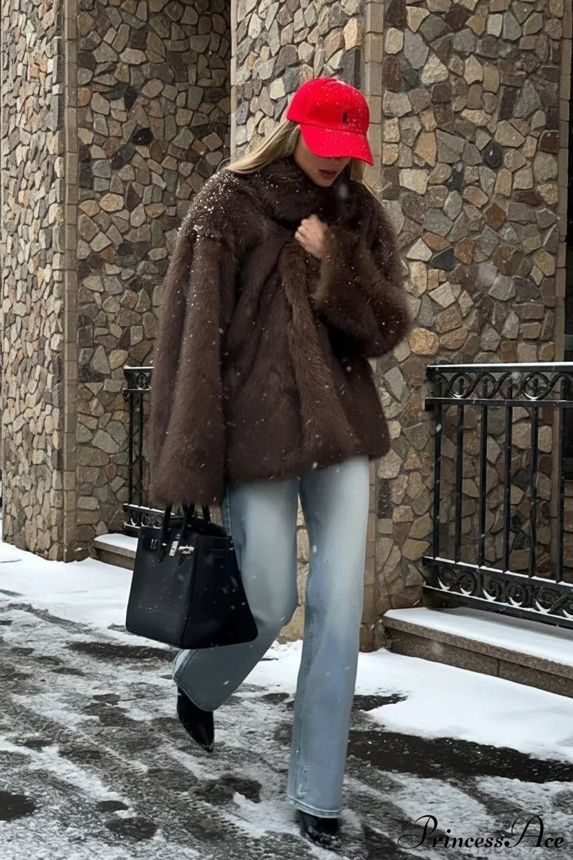 White Tip-Dyed Faux Fox Fur Mid-Length Coat - Fashionpara