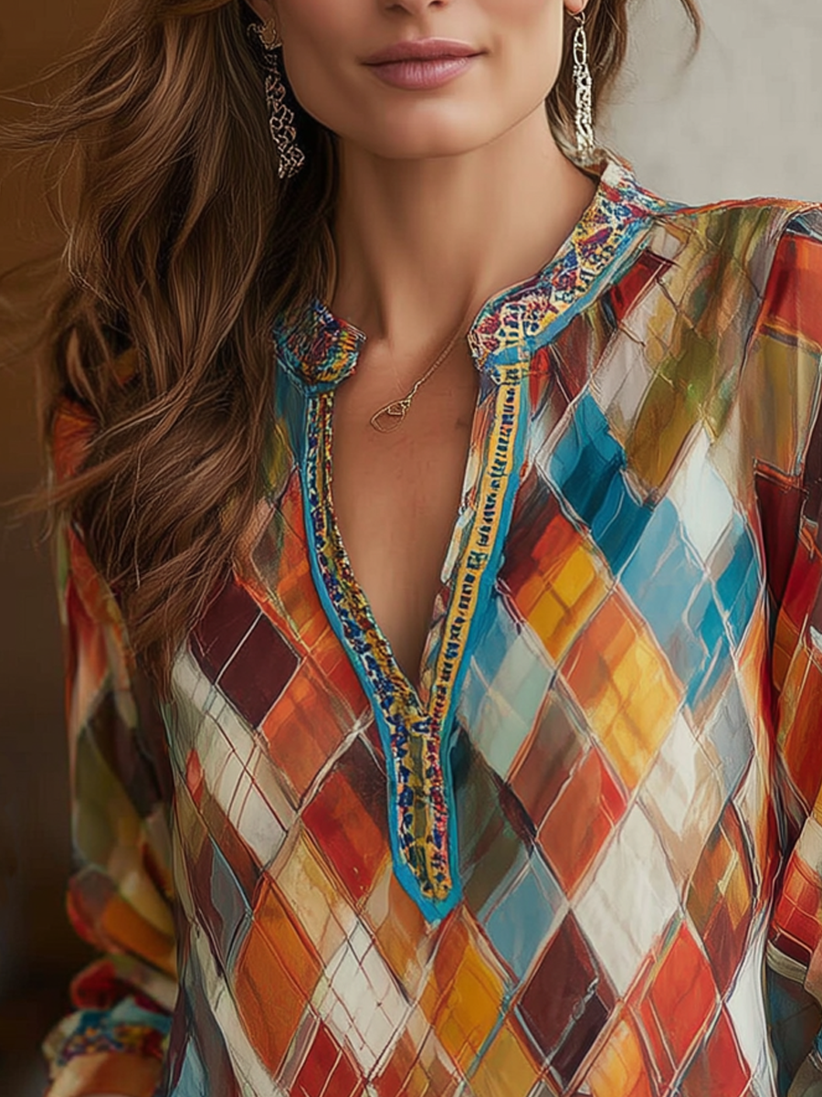 Retro Henley Collar Colorful Diamond Long Sleeve Blouse - Fashionpara
