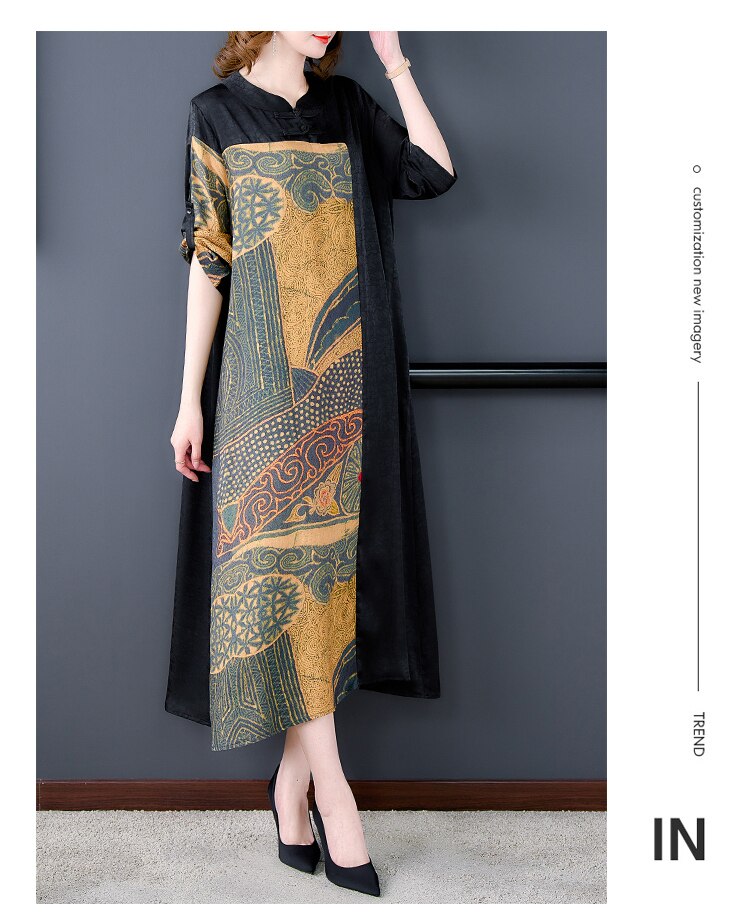 Patchwork Print Mandarin Collar Three-Quarter A-Line Midi Dress - View 6