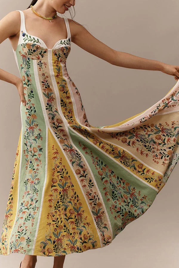 Sweet Garden Linen Blend Color Block Floral Paneled Maxi Dress - Fashionpara