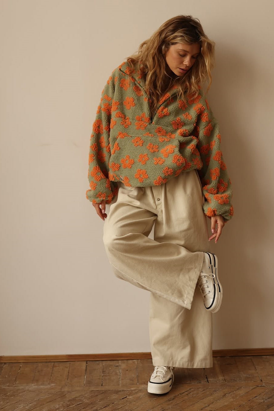 Faux Sherpa Printed Loose Zip Sweatshirt