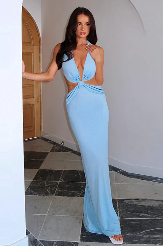 Halter Neck Twist-Front Cutout Bodycon Maxi Dress