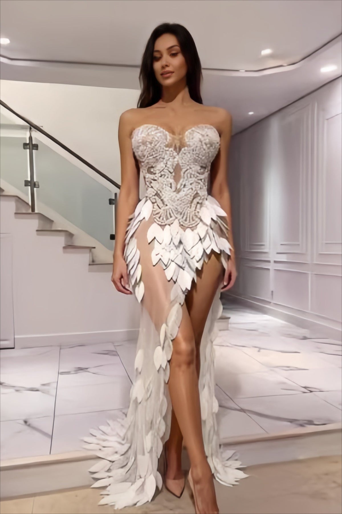 Pearl Embroidered Sequin Leaf Strapless Wedding Dress