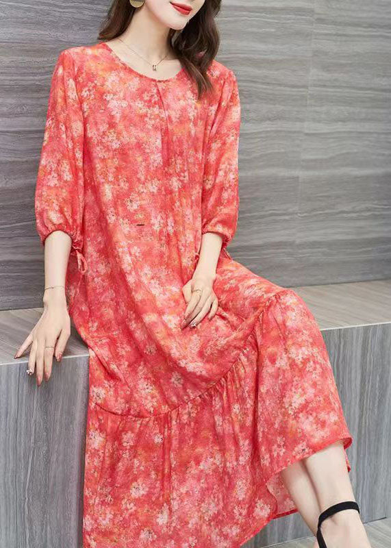 Floral Print Round Neck Tie Cuff Three Quarter Sleeve Midi Dress - View 4