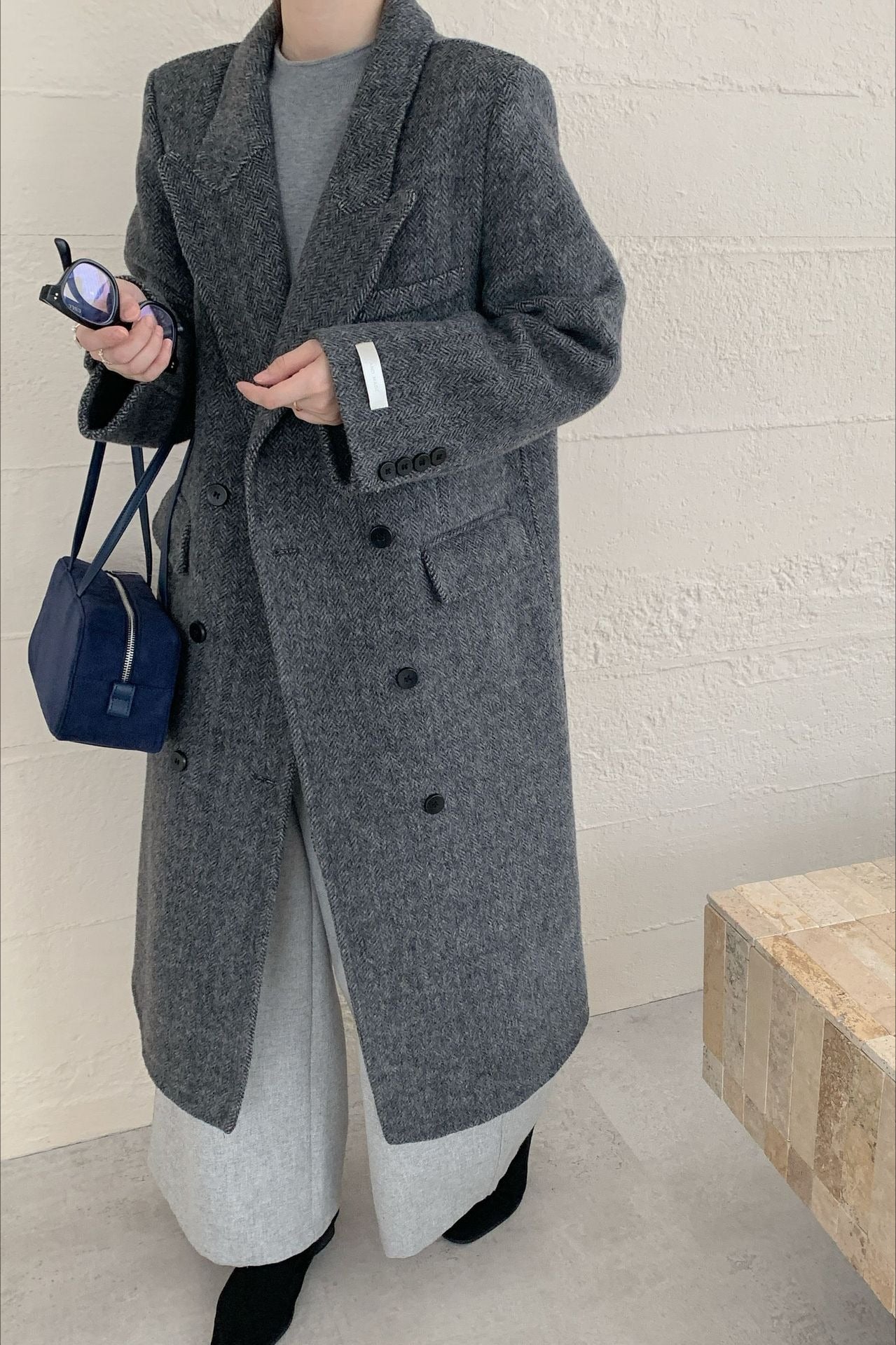 Double-Faced Wool Long Overcoat with Notched Lapel Design