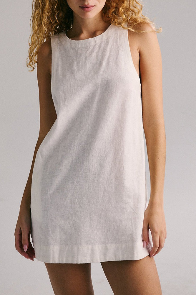 Chambray Crew Neck Sleeveless Shift Mini Dress