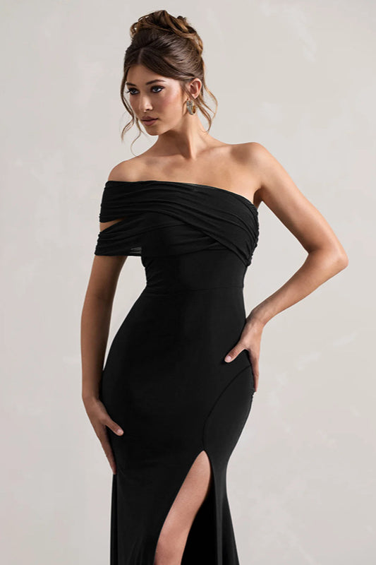 Mesh Panel Off-Shoulder Split Bodycon Party Dress