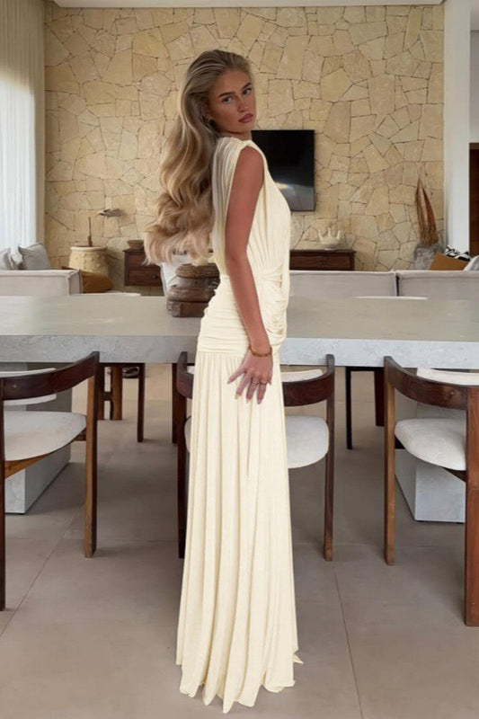 V-Neck Sleeveless Ruched Wrap Drop-Waist Maxi Dress