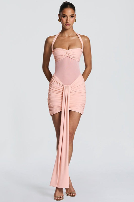 Halter Sweetheart Twist-Front Ruched Sash Mini Dress