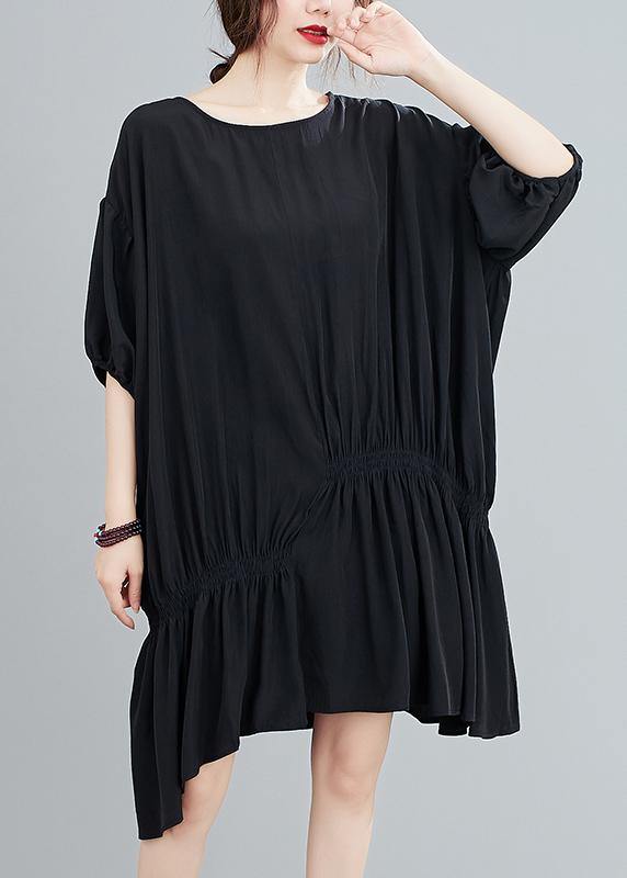 Round Neck Puff Sleeve Asymmetric Ruched Midi Dress - View 2