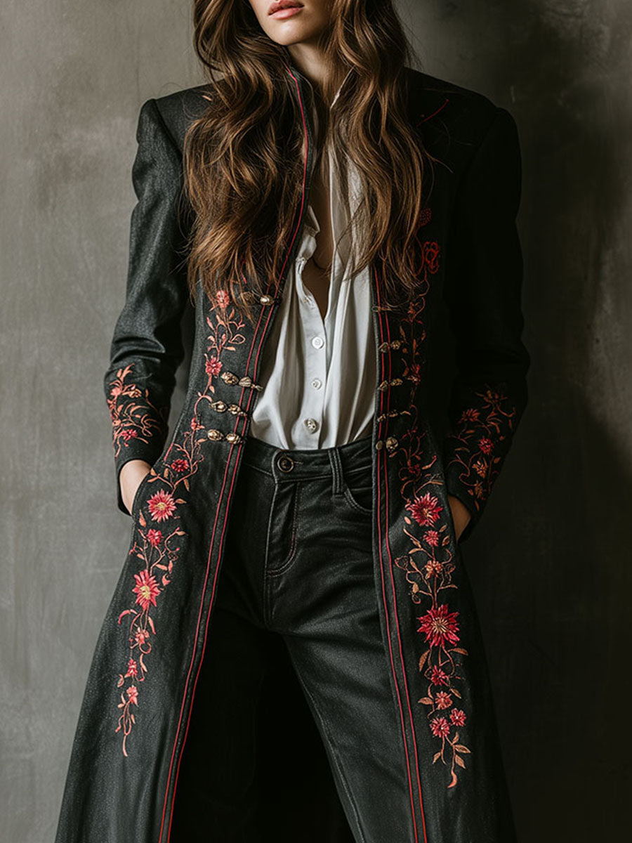 Retro Boho Floral Embroidered Black Long Coat - Fashionpara