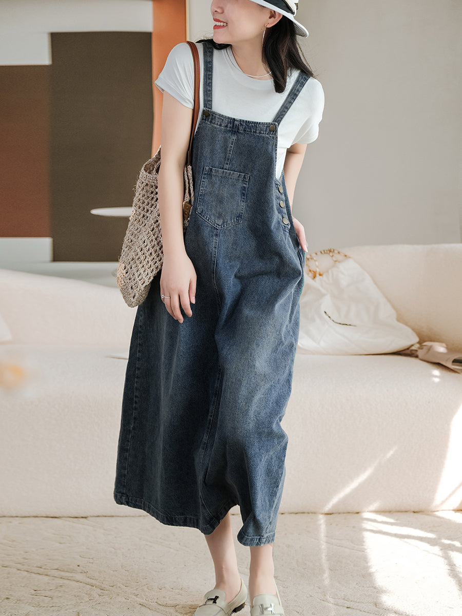 Denim Bib Front Overall Strap Pocket A-Line Maxi Jumper Dress - View 3