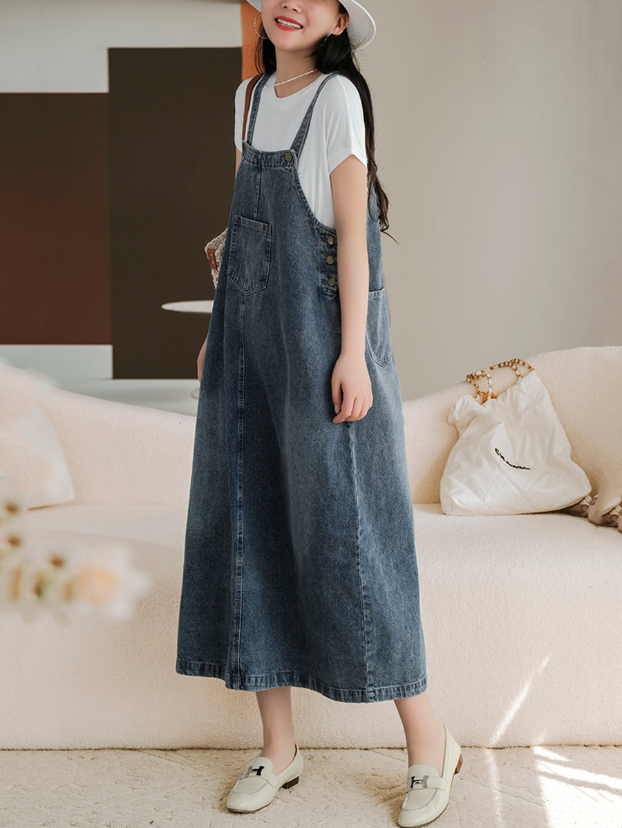 Denim Bib Front Overall Strap Pocket A-Line Maxi Jumper Dress - View 4