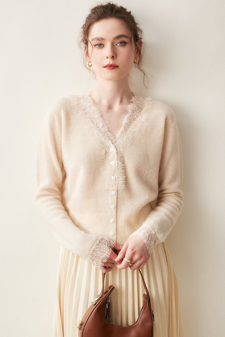 Luxe Cashmere V-Neck Cardigan with Elegant Lace Trim