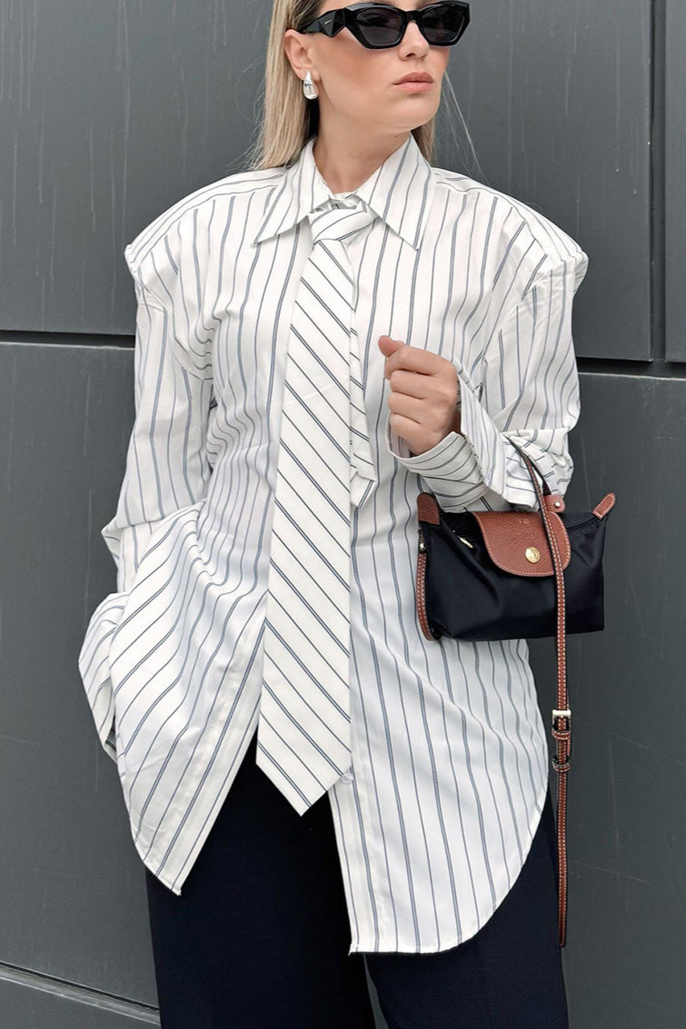 Striped Tie Shoulder Pad Smart Blouse