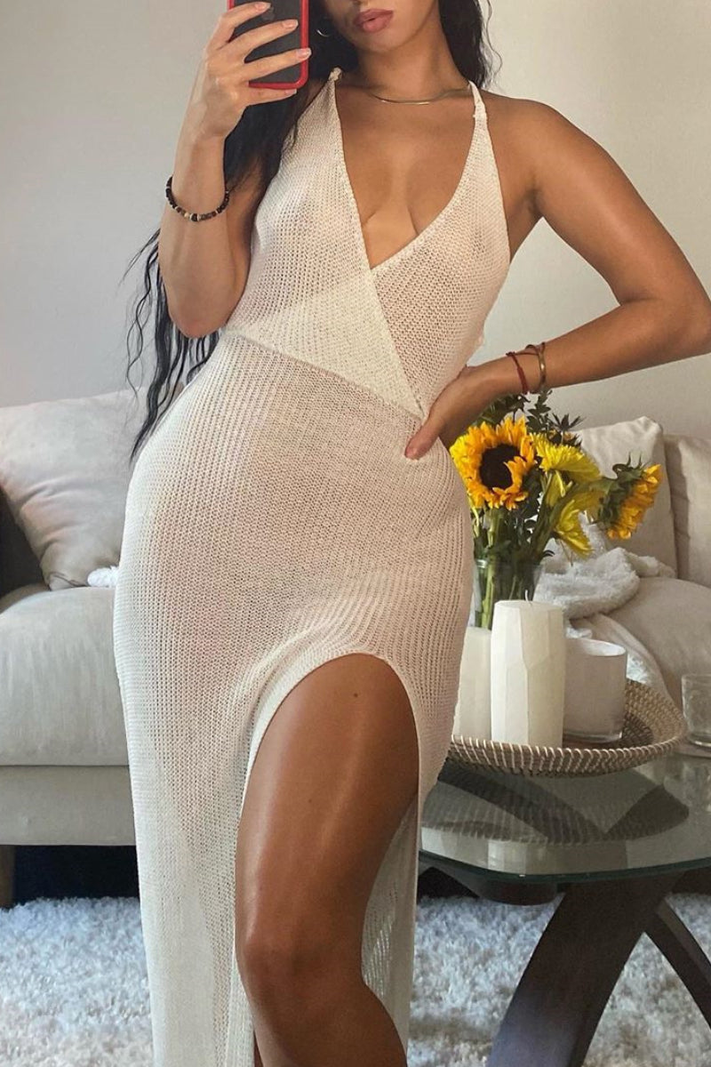 Backless High Split V Neck Knit Maxi Cover Up - Fashionpara