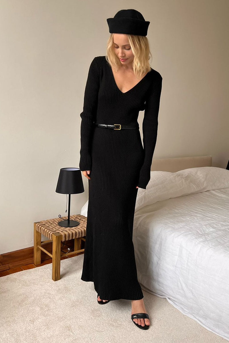 Knit Bodycon V Neck Maxi Dress - Fashionpara