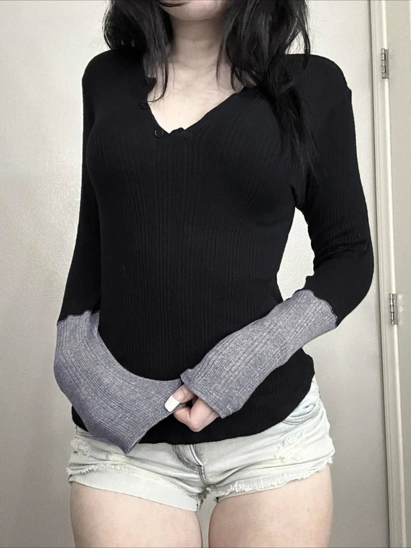 Patchwork Knitted Slim O-Neck Long Sleeve Knit Top - Fashionpara