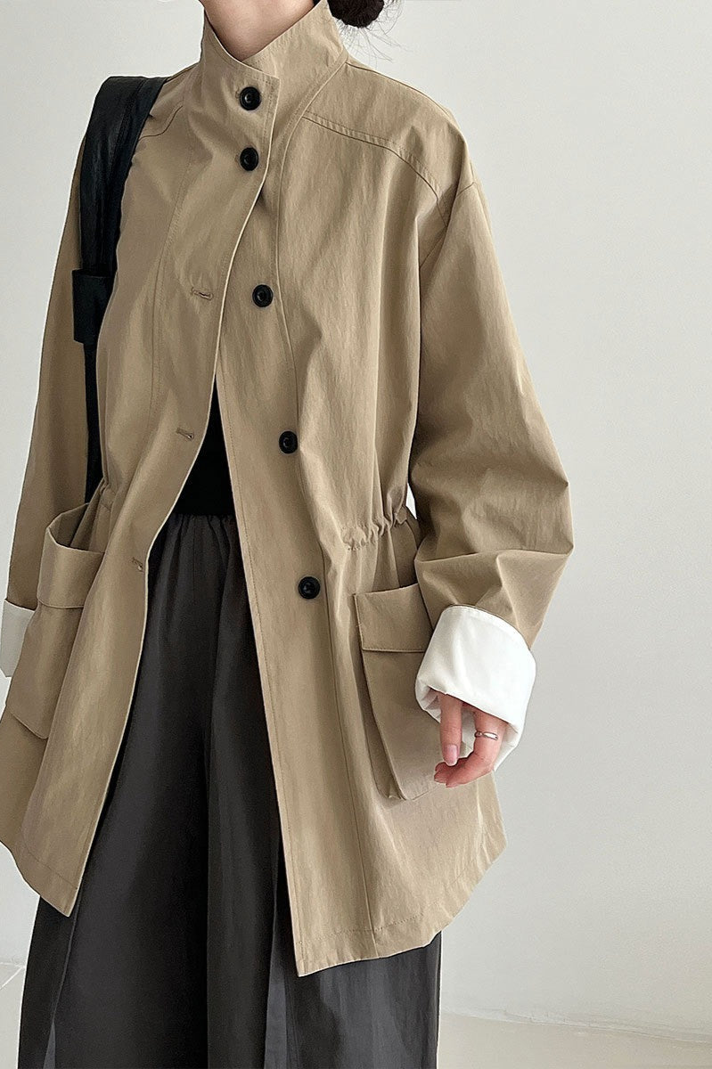 Pocketed Loose Drawstring Trench Coat - Fashionpara