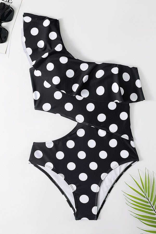 One-shoulder Ruffled Polka Dot One-piece Swimsuit - Fashionpara